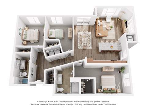 Floor plan for 3 beds, 2 baths, 1363 sqft
